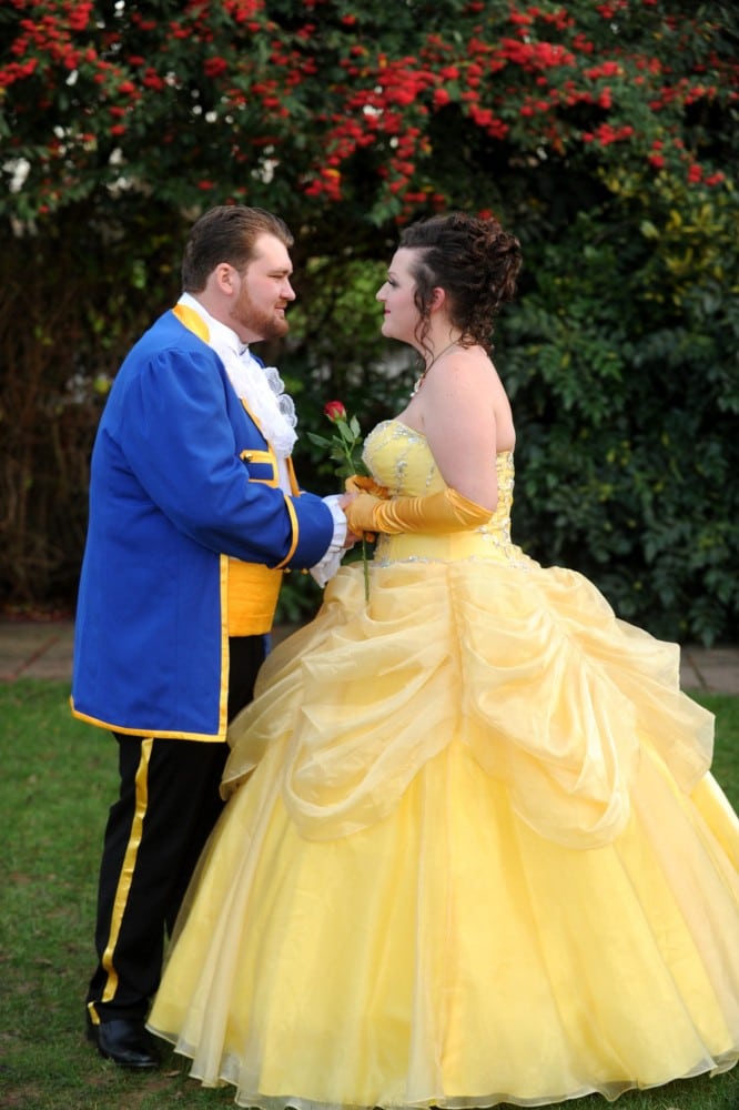 Toni Stapleton and Eric Orford in their Disney themed fancy dress wedding. See SWNS story SWDISNEY A couple have told how they enjoyed a fairytale wedding ceremony -- with everyone involved dressing up as DISNEY CHARACTERS. Toni and Eric Orford decided they wanted to keep their nuptials as relaxed as possible, without losing the romance. Toni, 32, asked her partner, Eric, 25, who she met while working on a banana farm in Australia, how he'd feel about dressing up to exchange vows. Eric, a biology student, agreed and suggested "The Beast" for his attire, inspiring Toni to dress up as Belle, from Beauty and the Beast.